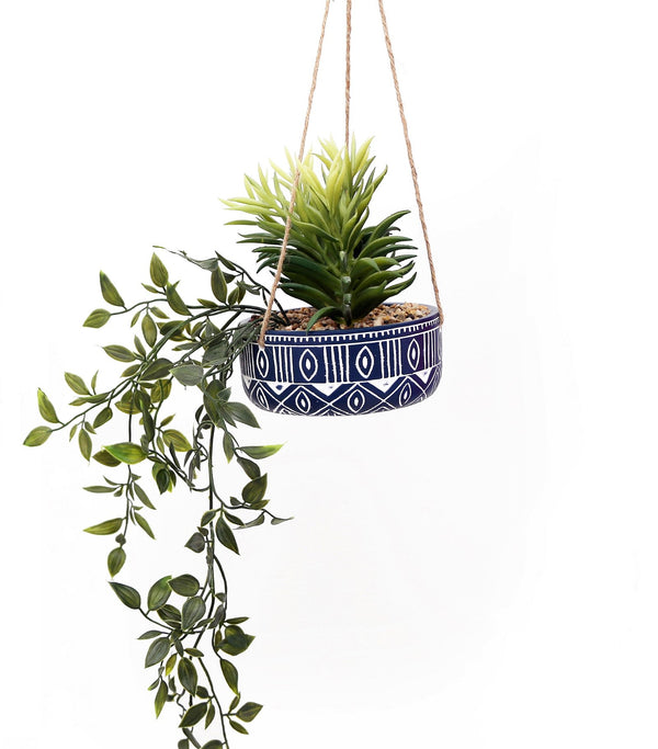 Blue Ceramic Hanging Pot with Plants
